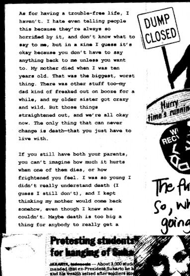 Excerpt from page 93 of Ellen Wittlinger's Hard Love. The novel is mostly told through the protagonist's perspective, and this perspective is enhanced with the novel's zine-like structure. Text is written in different fonts, images and text are combined in unique ways, and the pages sometimes give the impression that they are collages of letters, newspaper clips, and clip art.
